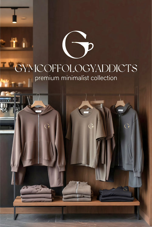 Display of brown and gray sweatshirts with 'GYM COFFOLOGY" ADDICTS' branding in a store setting.